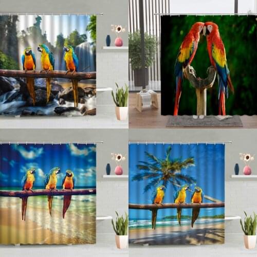 Animals Parrot Shower Curtain Color Bird Plant Waterfall Tropical Green Leaves Sea Beach Scenery Bathtub Decor Screen Washable