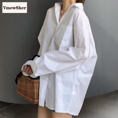 VmewSher New Vintage Spring Autumn Women Shirts White Plain Loose Oversized Blouses Female Tops Loose BF Style Blusas Pockets