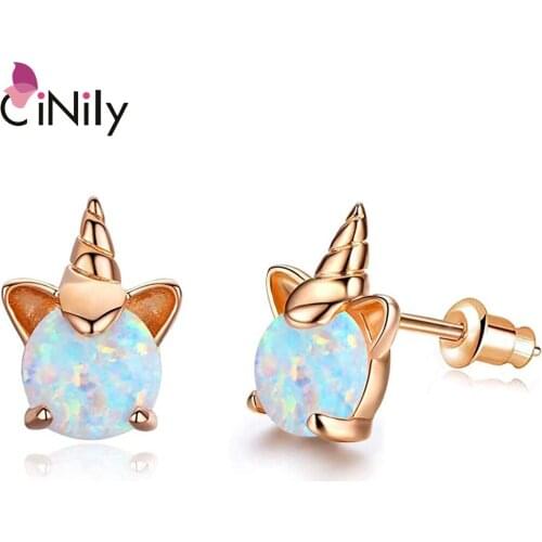 CiNily White Fire Opal Silver Plated Rose Gold For Women Wedding Party Birthday Gift Jewelry Stud Earrings OH4714-15
