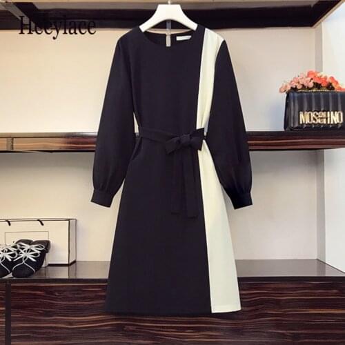 Plus Size 4XL Women Office Elegant Vintage Patchwork Black Dress Autumn Fall Long Sleeve O Neck Dresses 2021 Ladies Clothing
