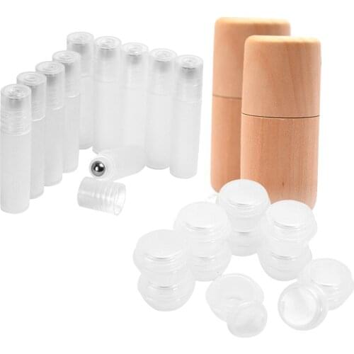 10pcs Empty Eye Cream Jars+2pcs Wood Essential Oil Bottles Storage Box +10x Roll-on Perfume Containers