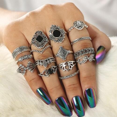 15 Pcs/Set Bohemian Retro Crystal Flower Leaves Hollow Lotus Gem Silver Color Ring Set Women Wedding Anniversary Gift