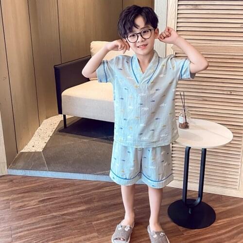 2 Piece/set Boys Pajamas Summer Soft Cotton Short Sleeve Pijamas Cartoon Print Nightwear Children Leisure Sleepwear Home Clothes