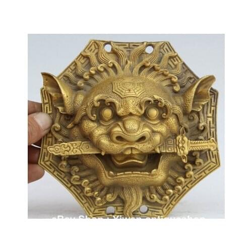 Antiguos chinos 6 "Chinese Folk Brass Lion Head Bestia Malos tiendas bronce aldaba China wholesale factory Bronze Copper Brass