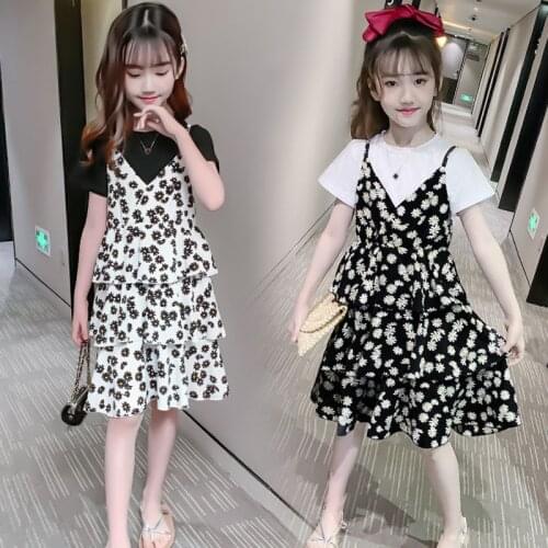 ChildrenS Suit Summer New Fashionable Girls Cartoon Flowers In The Big Girls Korean Version Of The Cake DresseTwo-Piece Suit
