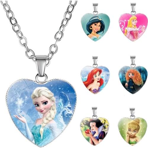 Disney Frozen Moana Tangled Aladdin Necklace Love Heart Shape Pendant Girl Cartoon Anime Figures Princess Accessories Kids Gifts
