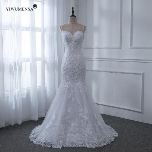 A3 Real Photo Sexy V Neck Spaghetti Straps Mermaid Long Wedding Dress Luxury Lace Appliques Beading Bridal Dresses Custom Made
