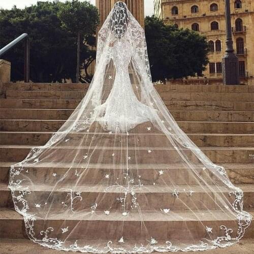 2020 New Wedding Veils White Ivory Cathedral Length Bridal Veil Top Lace Edge Appliqued Custom Made Wedding Veil