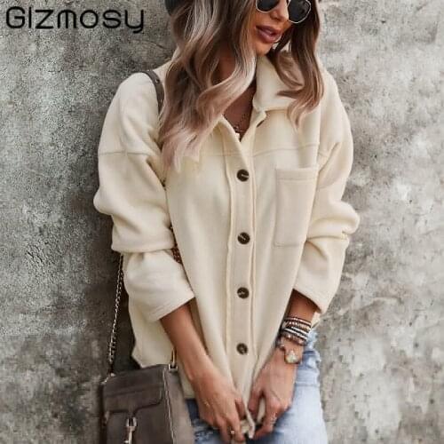 Gizmosy Shirt Collar Winter Autumn Women Casual Sheepskin Coat Long Sleeves Button Jackets Fashion Office Lady Female Outwear