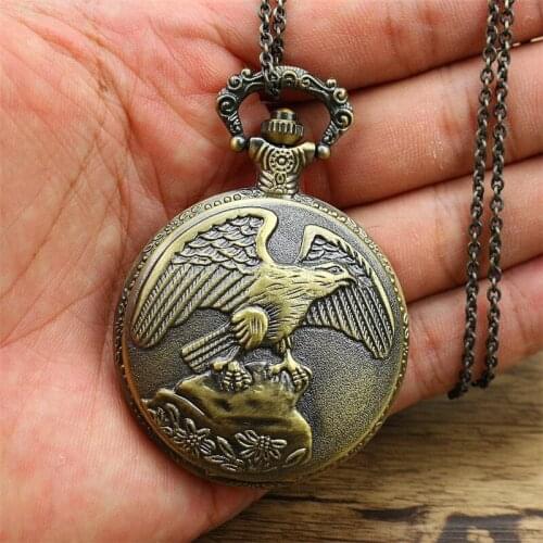 Promotiom fashion Bronze Hollow Eagle Quartz Pocket Watch Pendant Necklace For Men Lady Women' Day Gift