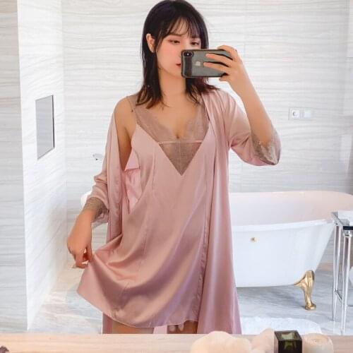 Spring And Summer New Model Lady Sexy Nightdress Lace Princess Halter Sleep Dress Robe Two Pieces Simulation Silk Homewear