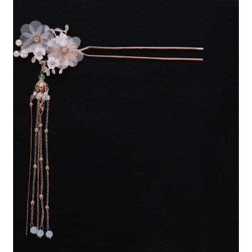 2019 New Chinese Long Flower Hair Stick Pearl Gold tiara Headpiece Hair pins Women Hair Accessories Handmade Hair Jewelry