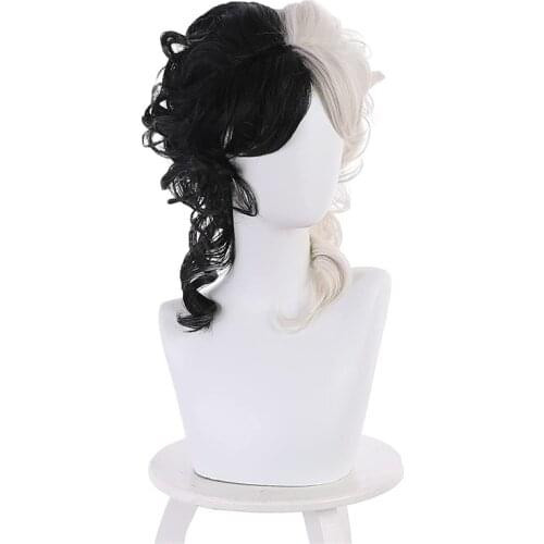 Cruella De Vil Kuila Half Black Half A Hundred Small Short Curly Cos Wig Wig Caps for Making Wigs Danganronpa