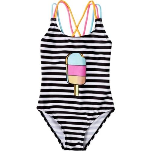 Xingqing Girls Beachwear Striped One-piece Swimsuit Girls Ice Cream Print Sleeveless Backless Swimwear Children Summer Bikinis
