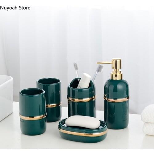 Nordic Luxury Bathroom Supplies Dark Green Ceramic Brushing Cup Soap Bottle Toothbrush Holder Bathroom Decoration Accessories