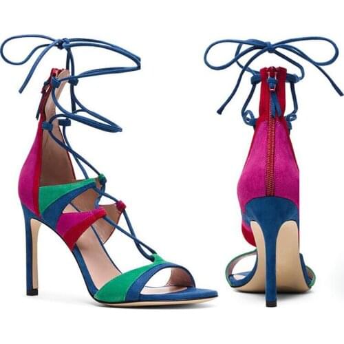 Contrast color sawtooth cut-out sandals peep toe lace-up high heel sandal fashion summer women sandals party dress shoes wo