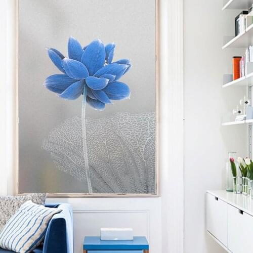 Static glueless glass sticker new Chinese lotus glass film transparent opaque bathroom toilet film