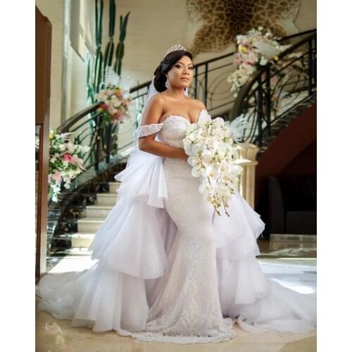 Wedding Dresses Mermaid With Tiered Tulle Train Cap Sleeves Sweetheart Lace Beaded Plus Size Bridal Wedding Gown