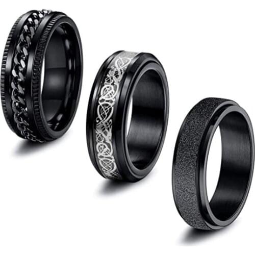 Megin D Stainless Steel Titanium Spinning Rotatable Chains Hip Hop Vintage Rings Set for Men Women Couple Friends Gift Jewelry