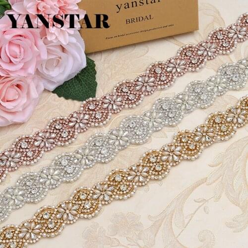 YANSTAR Wholesale Rhinestones Appliqque 10Yards*4. 5CM Trim For Bridal Belt Sashes Clear Rose Gold Applique YS823