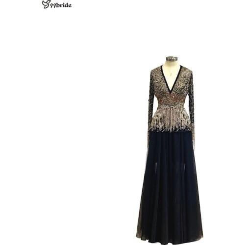 YYbride newest Black Color Tulle Fabric Deep V-Neck and Long Sleeves Gold Beading Work Straight Skirt Floor Length Evening Dress