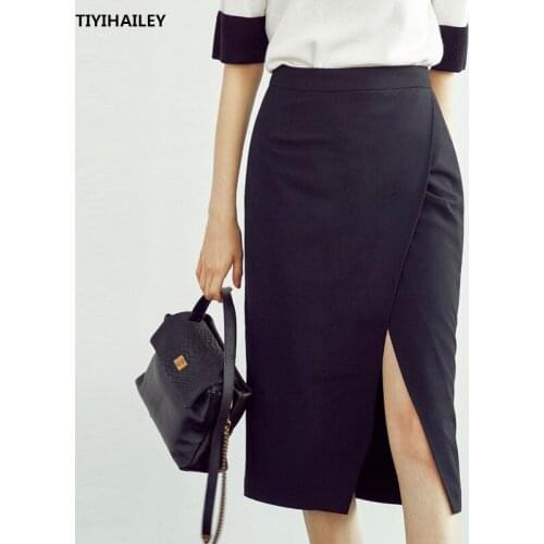 TIYIHAILEY Free Shipping Fashion Elegant Long Knee Length Women Summer Sexy Slit S-2XL High Waist Black Formal OL Slim Hip Skirt
