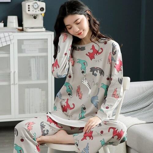 Women Pyjamas Long-sleeve Cotton Sweet Cute Cats Large Size Autumn Casual Home Suit Pyjamas Women Pyjama Femme Size M-3XL