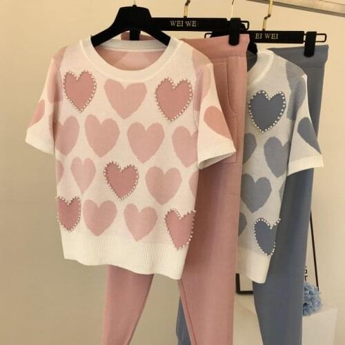 SMTHMA New Summer Short Sleeve Sweet Love Pattern Women Two Piece Set Pearls Pullover Sweater + Elastic waist Pants 2 Piece Set