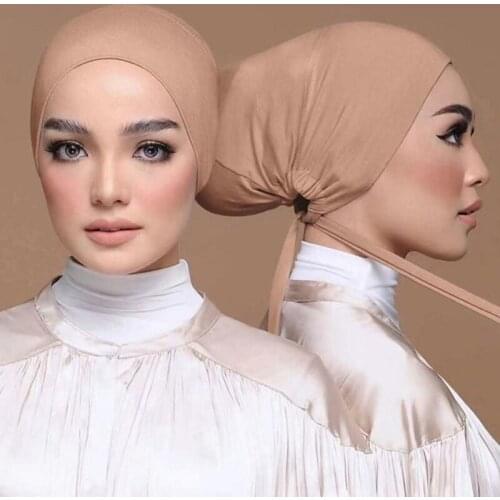 Women Muslim Inner Hijab Cap Modal Lace Up Head Cover Stretch Comfortable Beanie Turban Hat Adjustable Islamic Female Headwrap