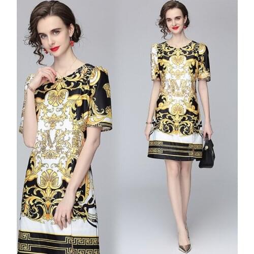 Summer Womens New round-Neck Baroque-Style Printed Temperament Short-Sleeve Dress