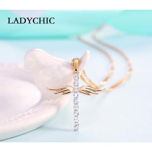 LADYCHIC Angel Wings Cross Pendant Necklace for Girl Women Fashion Style Necklaces Inlaid AAA Crystal Jewelry Wholesale LN1064
