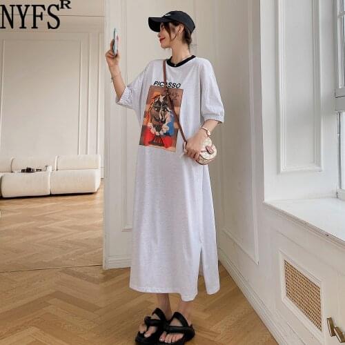 NYFS Summer Dress 2021 Korean New Over the knee Short sleeve Woman Dress Vestidos Robe Elbise Fashion Loose Printing Dresses