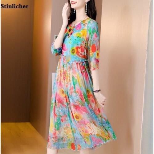Summer dress women vintage floral print silk dress ladies elegant casual loose pleated ruffled long dress robe