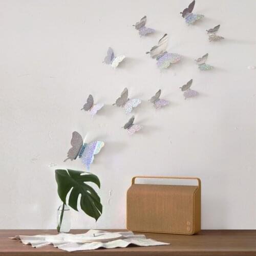 12pcs 3D Butterflies Wall Stickers Self-adhesive Glass Stickers Living Room Bedroom Wall Decoration Solid Color Flash Home Decor