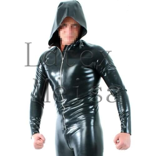 0.4mm thickness black latex outwear long sleeve slim coat with cap design for men