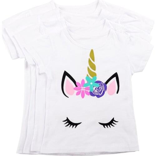 Kids Summer Cartoon Unicorn Pattern T-Shirts White Cotton Breathable Soft Short Sleeve Shirt O-Neck For Baby Girls Clothing