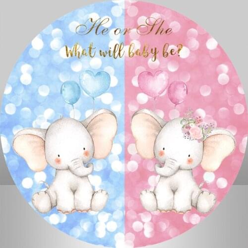 Blue and Pink Bokeh Glitter Photo Background Customize Baby Shower Elephant Banner for Party Decor Boy or Girl Round Backdrop