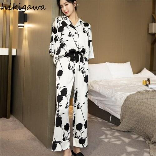 Hikigawa Pajima Set Women Chic Ice Silk Rose Print Pijama Mujer Korean Temperament Suit Female Home Service Set Sleepwear 27a628