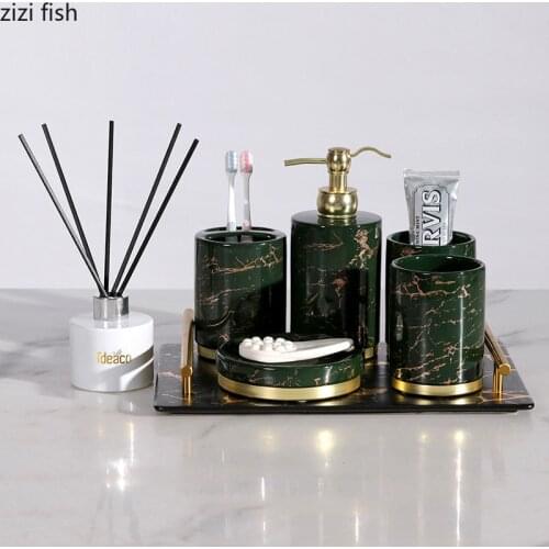 Imitation Marble Ceramic Bathroom Accessories 5pcs/Set Portable Soap Dispenser Mouth Cup Storage Tray High Quality Bath Supplies