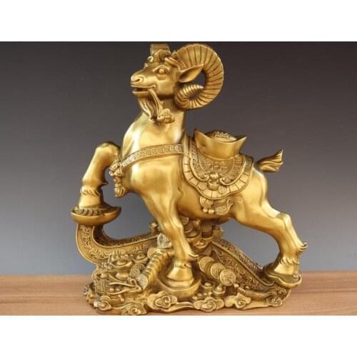 China Brass Copper FengShui Wealth Money Yuan Bao Zodiac Sheep Goat Lamb Statue