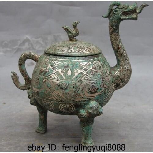 China Pure Bronze Silver-Gilt Dragon Bird Beast Pot kettle Incense Burner Censer