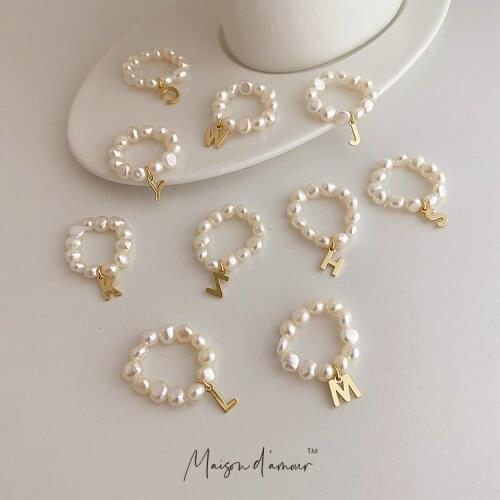 Wholesale Korean Fashion Trendy2021 French Vintage Style 26 LETTERS Pendants Freshwater Pearls Women Luxury Rings