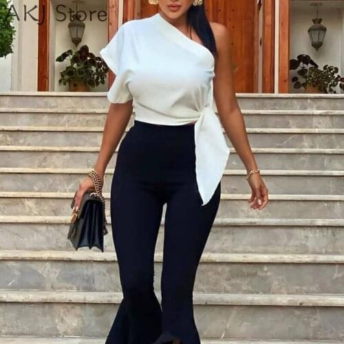 Two Piece Suit Sets One Shoulder Tied Detail Top & Ruffles Slit Bootcut Pants Set