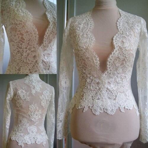 Cheap Bridal Wraps Ivory Lace Wedding Jackets Bolero White Bridal Long Sleeves Tops Shawl V Neck Custom Made