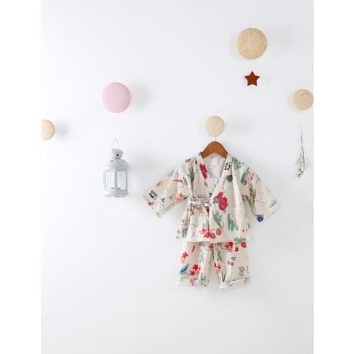 Spring 2020 New Children Wear Kimono Pajamas Baby Girls Japanese Home Furnishing Suit Kids Floral Nine Sleeves Clothing Sets