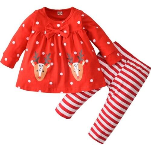 Christmas Toddler Baby Girl Casual Outfits, Polka Dot Deer Print Long Sleeve Dress Pullover Pants 2PCS Set for 1-2Years