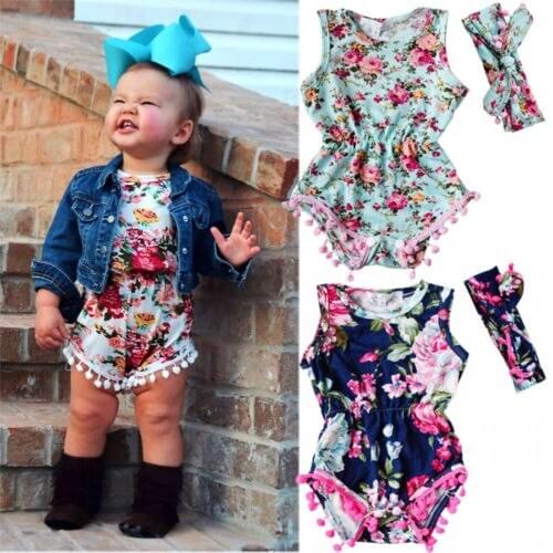 Baby Girls Floral Romper Jumpsuit Headband Sunsuit Outfits Clothes 0-24M