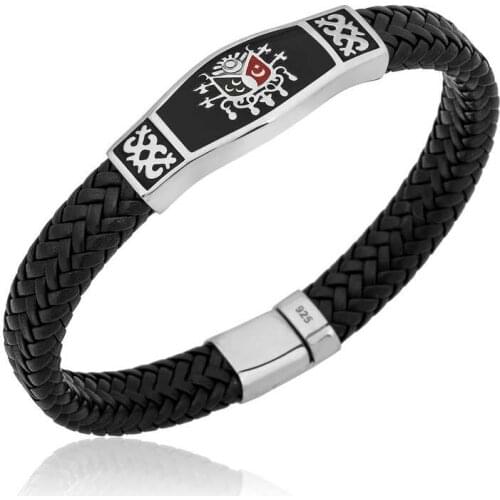 Silver Ottoman State Crested Original Leather Male Bracelet