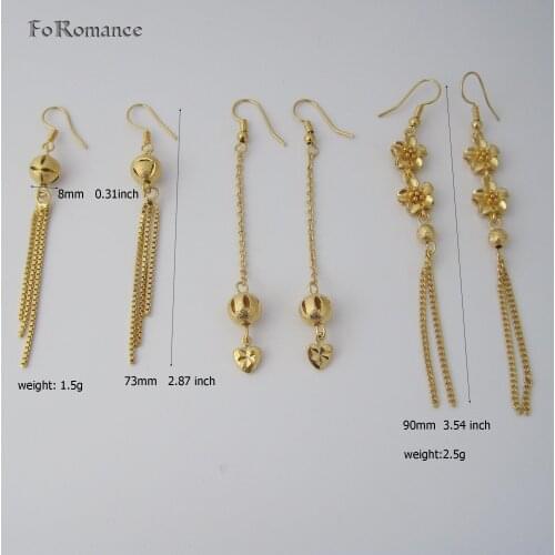 FoRomance / BEAUTIFUL CHAINED HOLLOW BALL THREAD FLOWER - YELLOW GOLD GP TALL 73 / 90MM 2.87" / 3.54 inch DANGLE EARRING