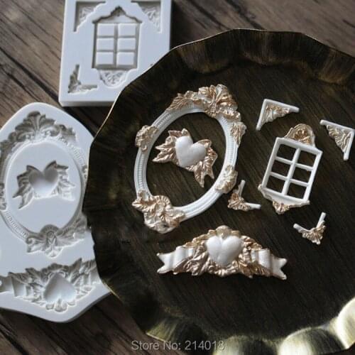 Silicone Mold Retro Window Curtain Flower Vintage Love Heart Ribbon Frames Food Grade Fondant Molds Moulds Silicone Rubber PRZY